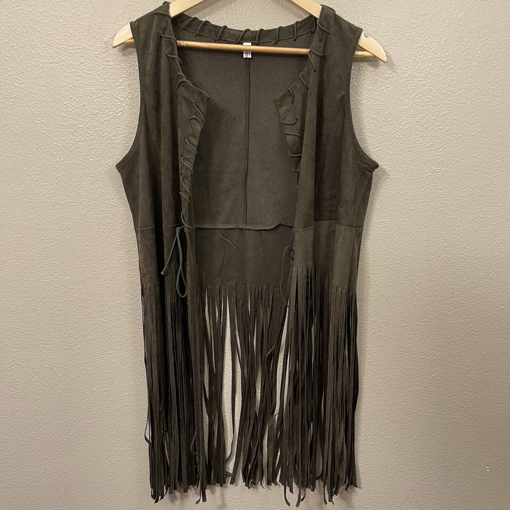 Hotouch Fringe Vest Velour Olive Green  Goblincore Festival Western Size L